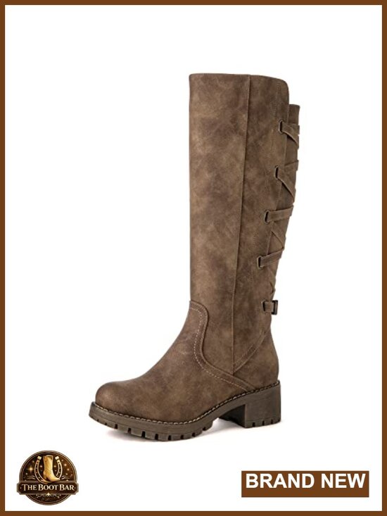 Shoes - Knee High Motorcycle Boots Strappy Back Lace Up Faux Leather Zip Low Heel